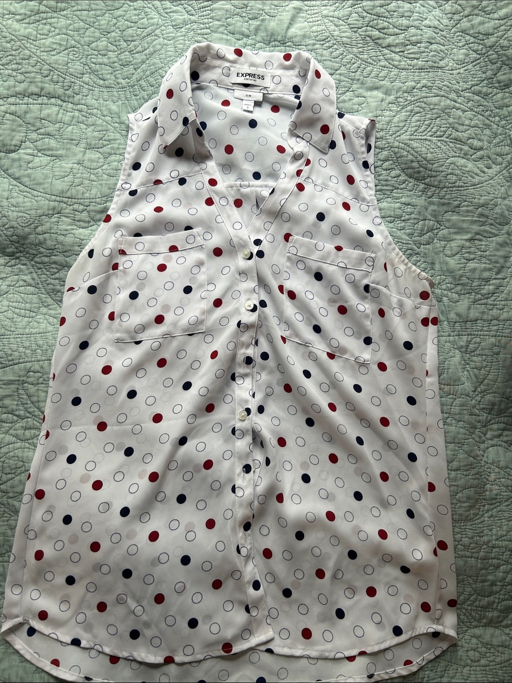 Express Sleeveless Button-Front Polka Dot Top - White with Red & Navy Dots